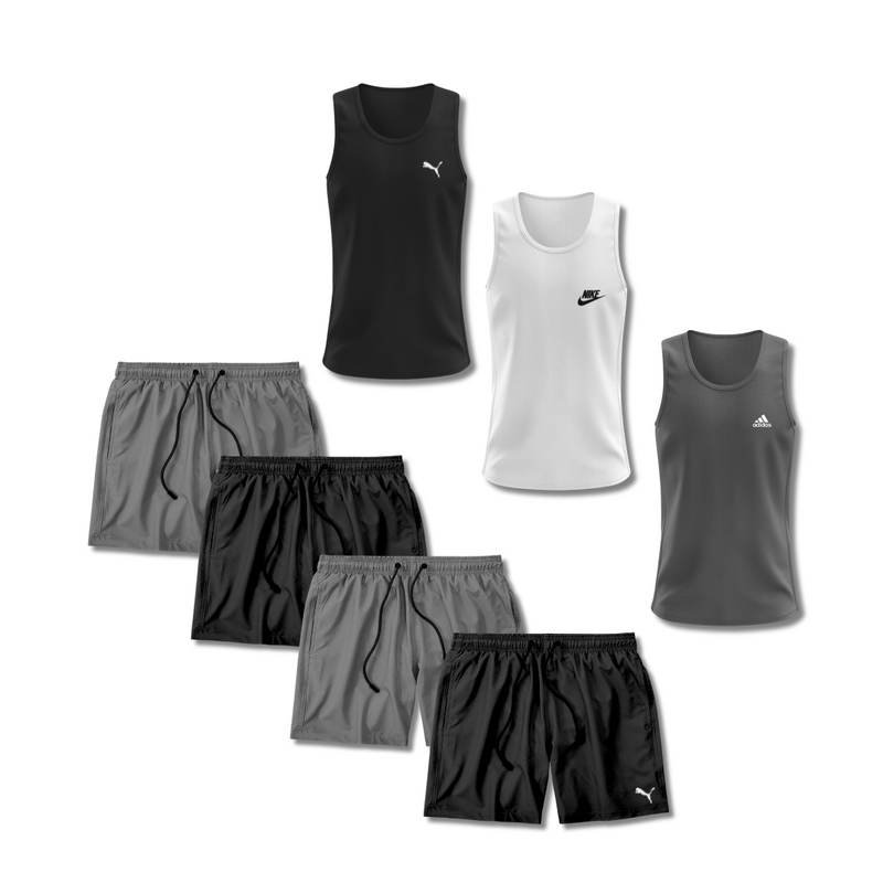 Kit treino masculino com 3 regatas e 4 bermudas Dry Fit